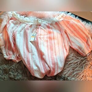 Max Studio London Cream Pink Cotton Stripped  Off the Shoulders Blouse S
